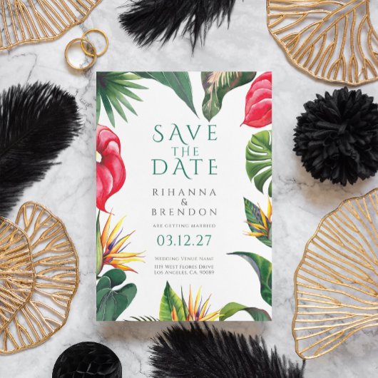 熱帯の花と離れの結婚式の日付を保存 招待状