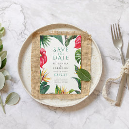 熱帯の花と離れの結婚式の日付を保存 招待状