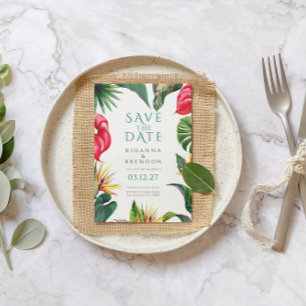 熱帯の花と離れの結婚式の日付を保存 招待状