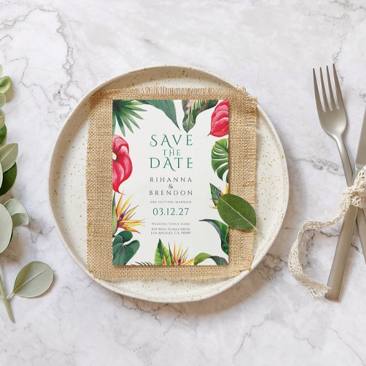 熱帯の花と離れの結婚式の日付を保存 招待状