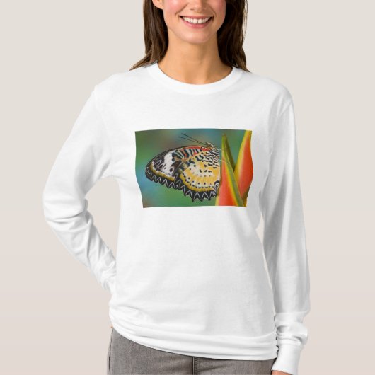 熱帯の花にとまる蝶 Tシャツ (正面)