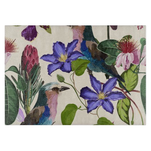 熱帯の花のイラスト、エキゾチックな鳥。 カッティングボード (正面)