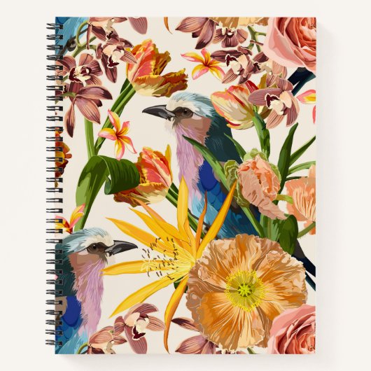 熱帯の花のイラスト、エキゾチックな鳥。 ノートブック (正面)
