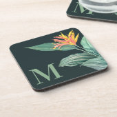 熱帯の花のセージ葉のティール(緑がかった色)プラスチック コースター (左側)