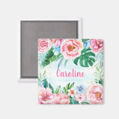 熱帯の花のパーム葉ピンク緑の水色 マグネット (正面/裏面)