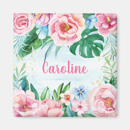 熱帯の花のパーム葉ピンク緑の水色 マグネット