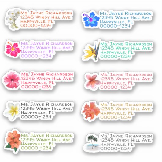 熱帯の花の形をした差出人住所 シール (正面)