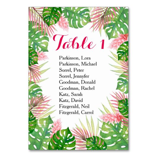 熱帯の花の水の結婚色のテーブルカード テーブルナンバー (正面)