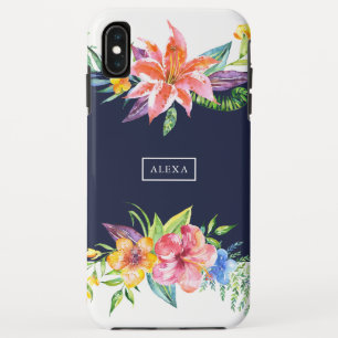 熱帯の花の花束縁ど青背景 iPhone XS MAXケース