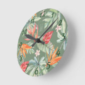 熱帯の花の葉のファンタジー(モノグラム) ラウンド壁時計 (傾斜)