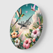 熱帯の花の間のハミングバードこんにちは ラージ壁時計 (傾斜)