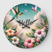 熱帯の花の間のハミングバードこんにちは ラージ壁時計 (正面)