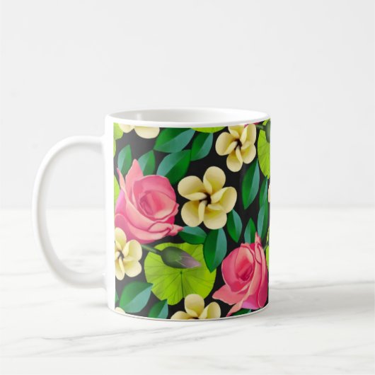 熱帯の花や葉花の模様 コーヒーマグカップ (左)