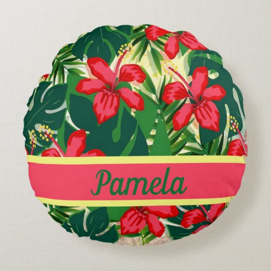 熱帯の花や葉 ラウンドクッション (正面)