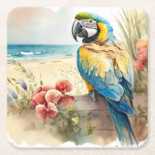 熱帯の花を持つオウム スクエアペーパーコースター (正面)