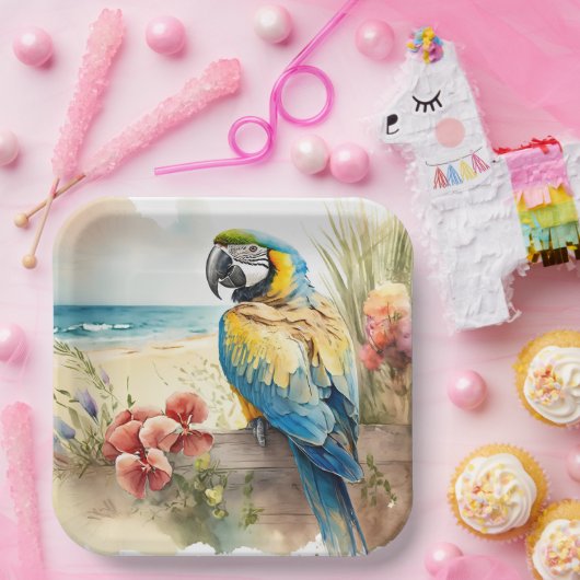 熱帯の花を持つオウム ペーパープレート (パーティー)