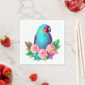 熱帯の花を持つ熱帯の青いオウム スタンダードカクテルナプキン (インサイチュ)