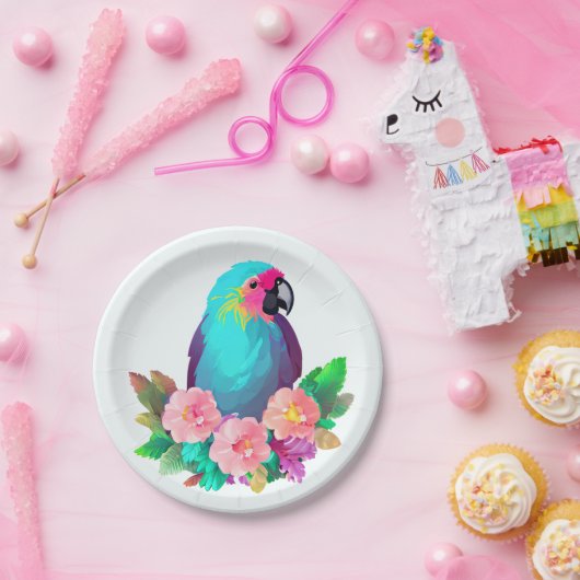 熱帯の花を持つ熱帯の青いオウム ペーパープレート (パーティー)