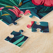 熱帯の花を持つ陽気な漫画の恐竜 ジグソーパズル (側面)