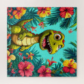 熱帯の花を持つ陽気な漫画の恐竜 ジグソーパズル (横)