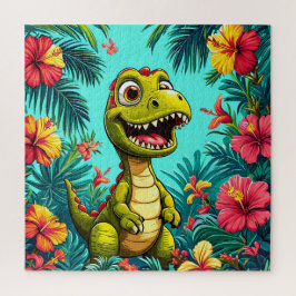 熱帯の花を持つ陽気な漫画の恐竜 ジグソーパズル