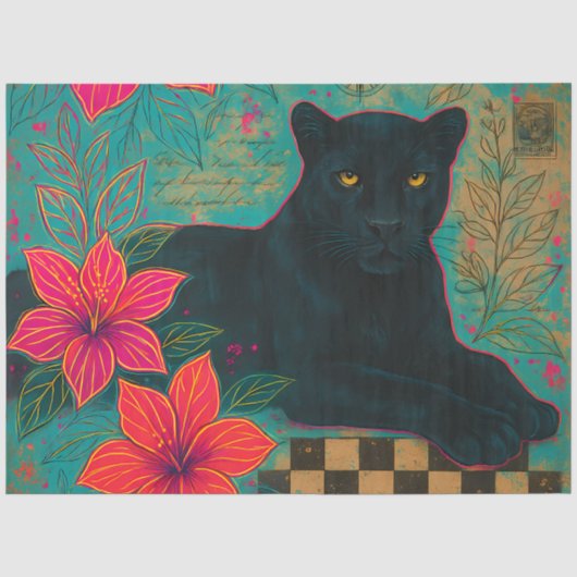 熱帯の花を持つ黒いヒョウ | ゴシックの 薄葉紙 (正面)