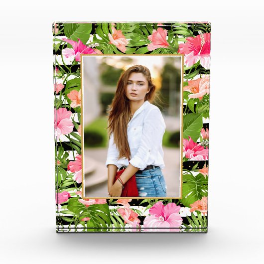 熱帯の花オン白黒ストライプ フォトブロック (正面)