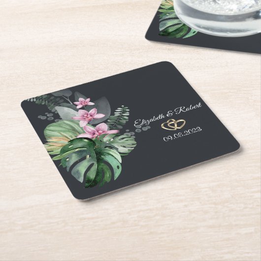 熱帯の花ダーク結婚ズ スクエアペーパーコースター (アングル)