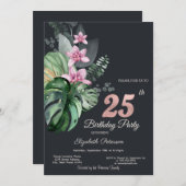 熱帯の花ダーク25誕生日 招待状 (正面/裏面)