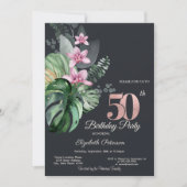 熱帯の花ダーク50誕生日 招待状 (正面)