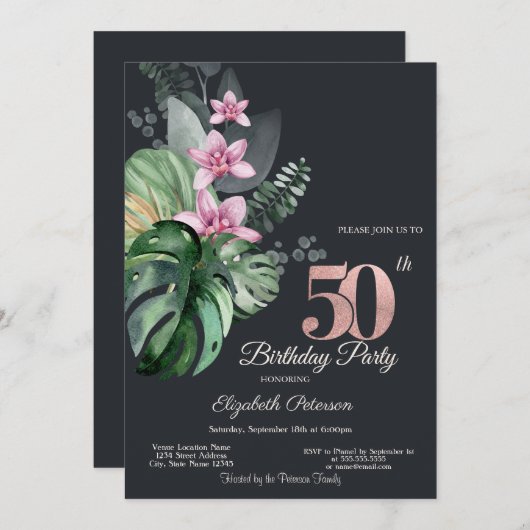 熱帯の花ダーク50誕生日 招待状 (正面/裏面)