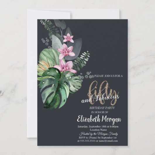 熱帯の花ダーク50誕生日 招待状 (正面)