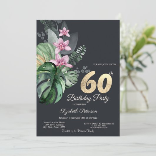 熱帯の花ダーク60誕生日 招待状 (スタンド正面)