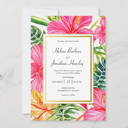 熱帯の花ハイビスカスデスティネーションウェディング 招待状 (正面)