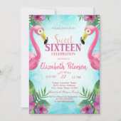 熱帯の花ピンクのフラミンゴス甘い16パーティー 招待状 (正面)