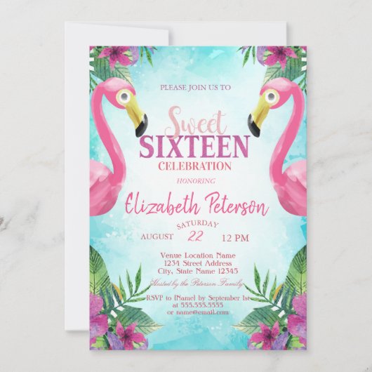 熱帯の花ピンクのフラミンゴス甘い16パーティー 招待状 (正面)