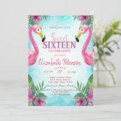 熱帯の花ピンクのフラミンゴス甘い16パーティー 招待状 (スタンド正面)