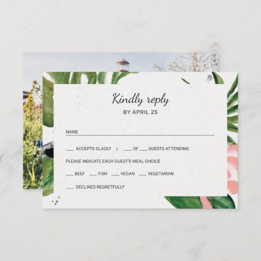熱帯の花フォトミール選択ウェディングRSVP 出欠カード (正面/裏面)