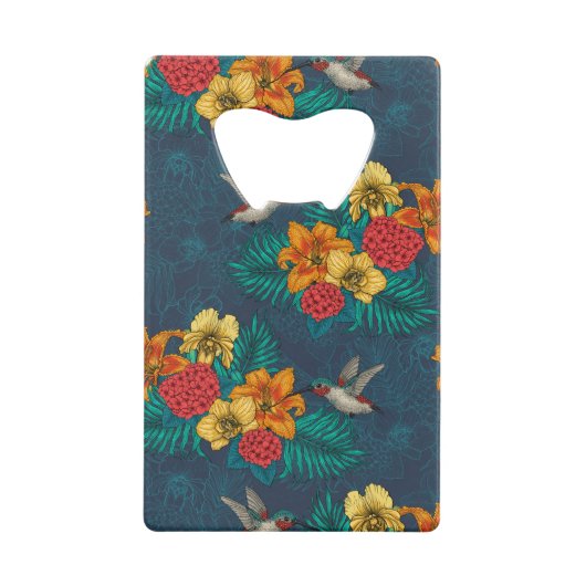 熱帯の花束とハミングバード クレジットカード栓抜き (正面)