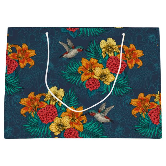 熱帯の花束とハミングバード ラージペーパーバッグ (正面)