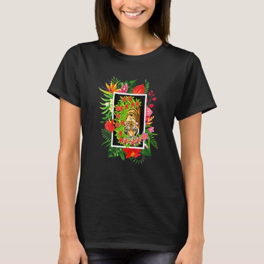 熱帯の花柄のイガー猫 Tシャツ (正面)