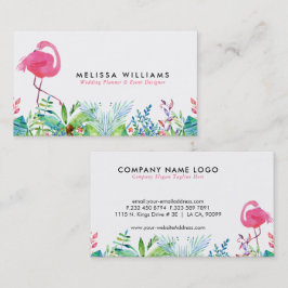 熱帯の花縁どとピンクのフラミンゴ 名刺