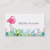 熱帯の花縁どとピンクのフラミンゴ 名刺 (正面)