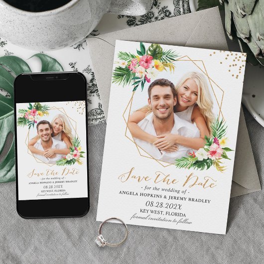 熱帯の花金ゴールド幾何学写真 セーブザデート