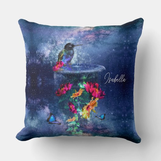 熱帯の花、ハチドリ、蝶と星 クッション (正面)