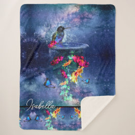 熱帯の花、ハチドリ、蝶と星 シェルパブランケット