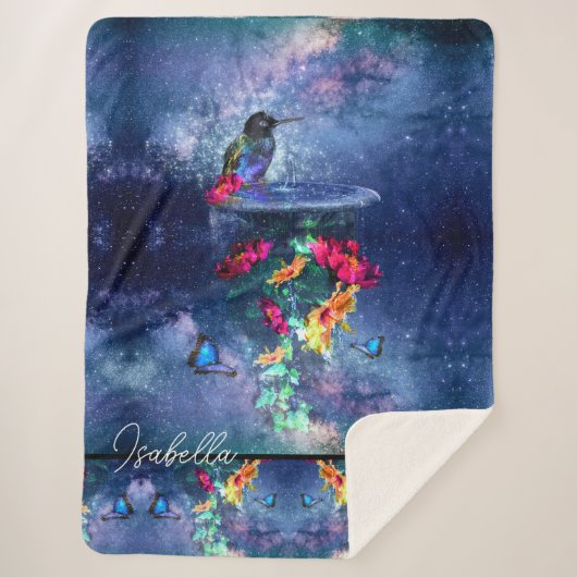 熱帯の花、ハチドリ、蝶と星 シェルパブランケット (正面)
