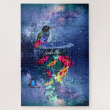 熱帯の花、ハチドリ、蝶と星