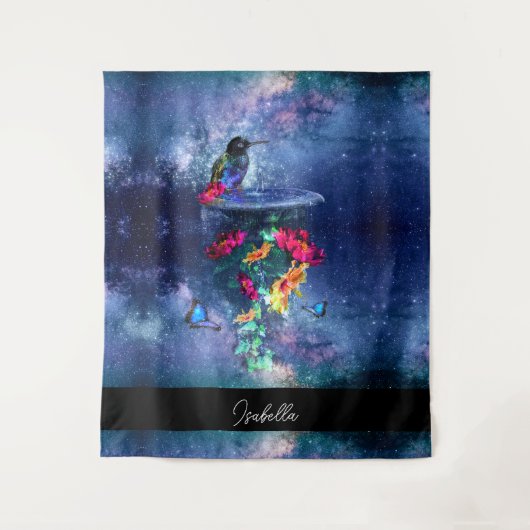 熱帯の花、ハチドリ、蝶と星 タペストリー (正面)