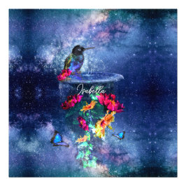 熱帯の花、ハチドリ、蝶と星 フォトプリント